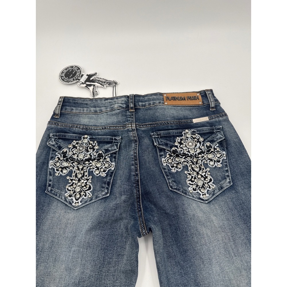 Platinum Plush Los Angeles Women 7 Cross Rhinestone Bootcut Jeans Y2K 4034 NWT